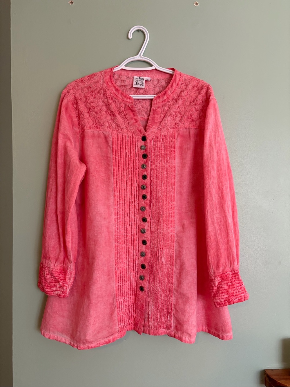Parsley Sage Cotton Embroidered Tunic Blouse XL Coral Pink Lagenlook Mori Boho